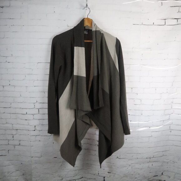 VENUS Sweaters - VENUS BROWN & TAN COLORBLOCK ASYMETRICAL LONG SLEEVE OPEN CARDIGAN SWEATER